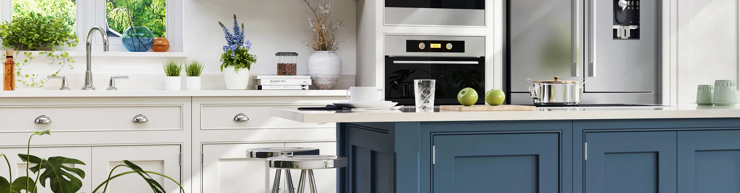 white and blue cabints in kitchen with black and white hexagon tile flooring